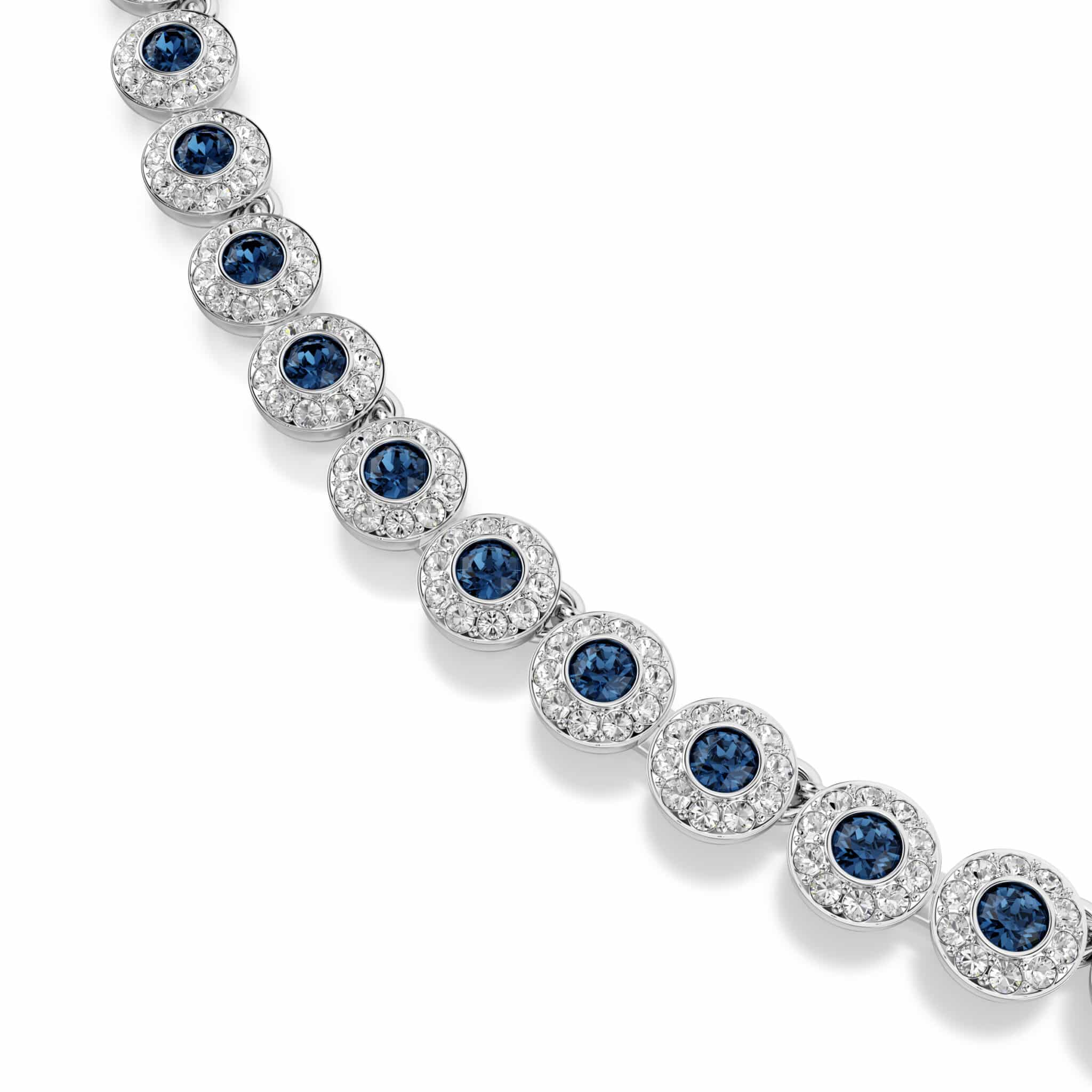 Swarovski Una Angelic Tennis Necklace with round-cut blue crystals and rhodium plating, elegant jewelry for special occasions.