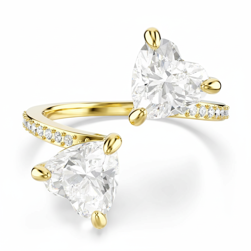 Swarovski Mesmera open ring with heart-cut pavé white crystals in gold-tone plated finish on a sleek band.
