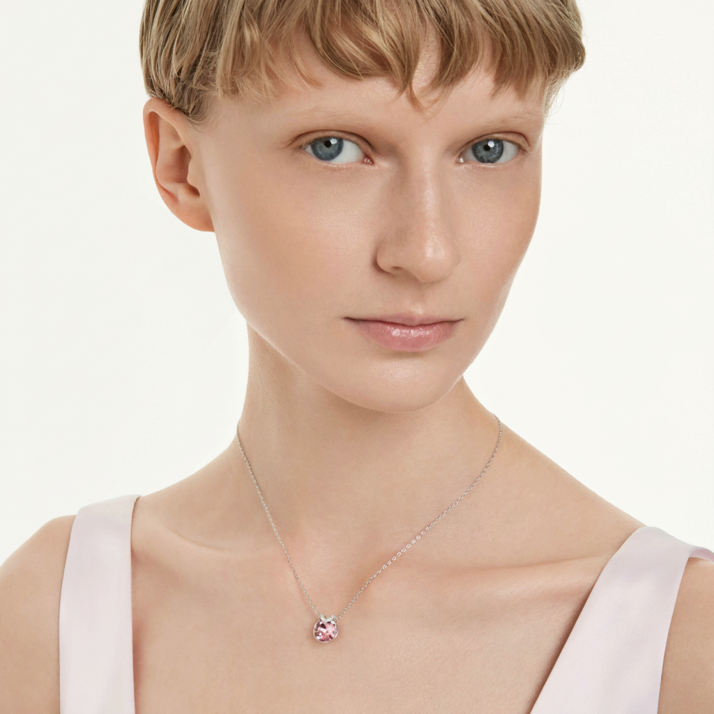 Swarovski Bella Pendant Rose with rhodium plating featuring a sparkling rose crystal design on a delicate chain