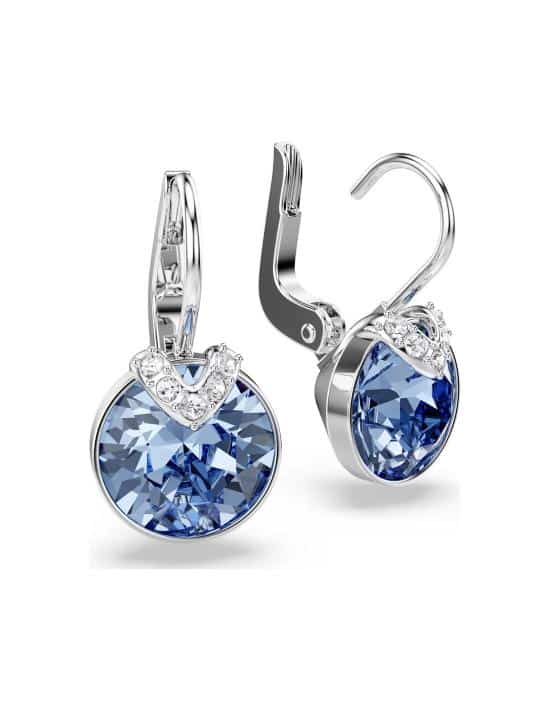 Swarovski Bella V drop earrings with round blue crystals and rhodium plating, elegant jewelry accessory featuring a V-shaped design.