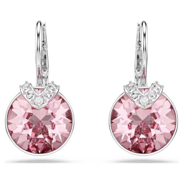Swarovski Bella V drop earrings with round pink crystals and rhodium plating, elegant jewelry accessory.