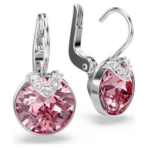 Swarovski Bella V Drop Earrings with round pink crystals and rhodium-plated setting, elegant jewelry accessory.