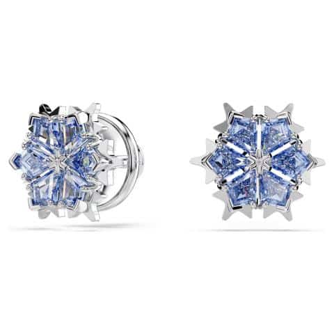 Swarovski Magic Snowflake Stud Earrings in blue with rhodium plating, featuring sparkling crystal accents and a delicate snowflake design.