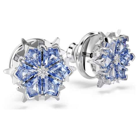 Swarovski Magic Snowflake Stud Earrings in blue with rhodium plating, featuring sparkling crystal details and a winter-inspired design.