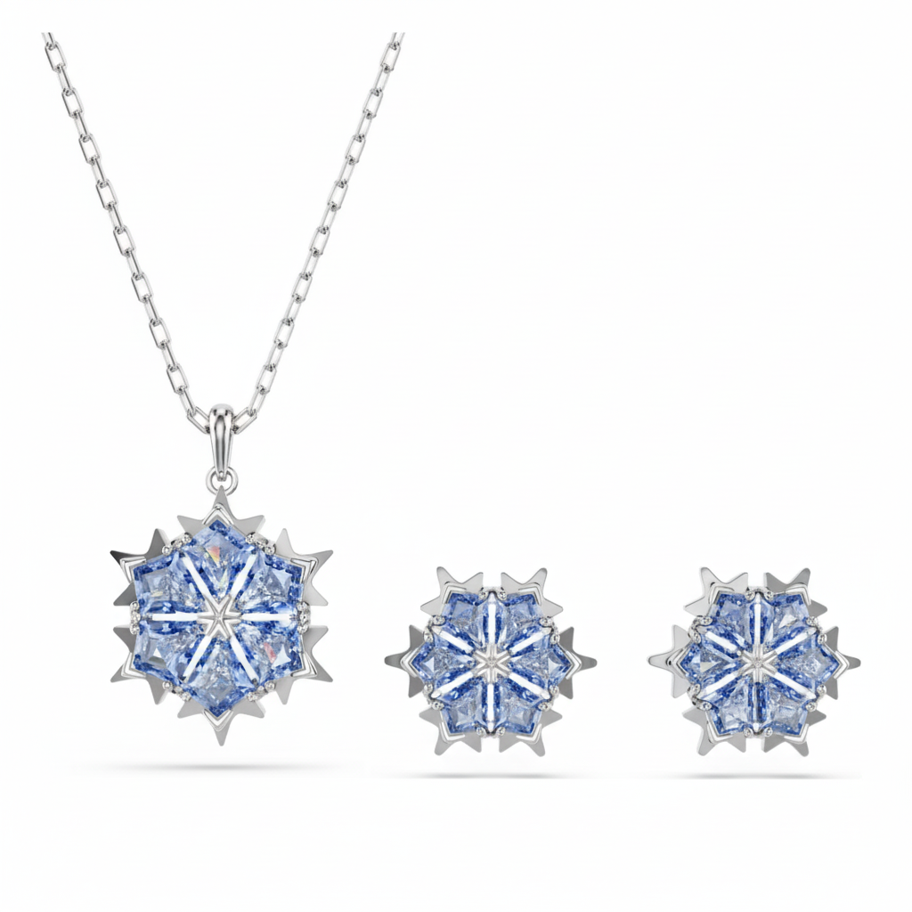 Swarovski Magic Set Snowflake in blue with rhodium plating, featuring sparkling crystal snowflake jewelry piece.