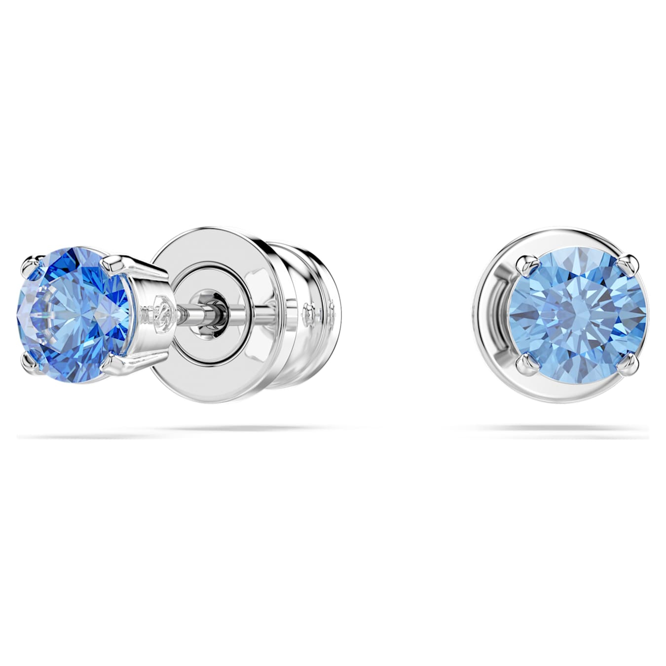 Swarovski Stilla Attract stud earrings with round blue crystals, rhodium-plated, featuring a sleek and elegant design.