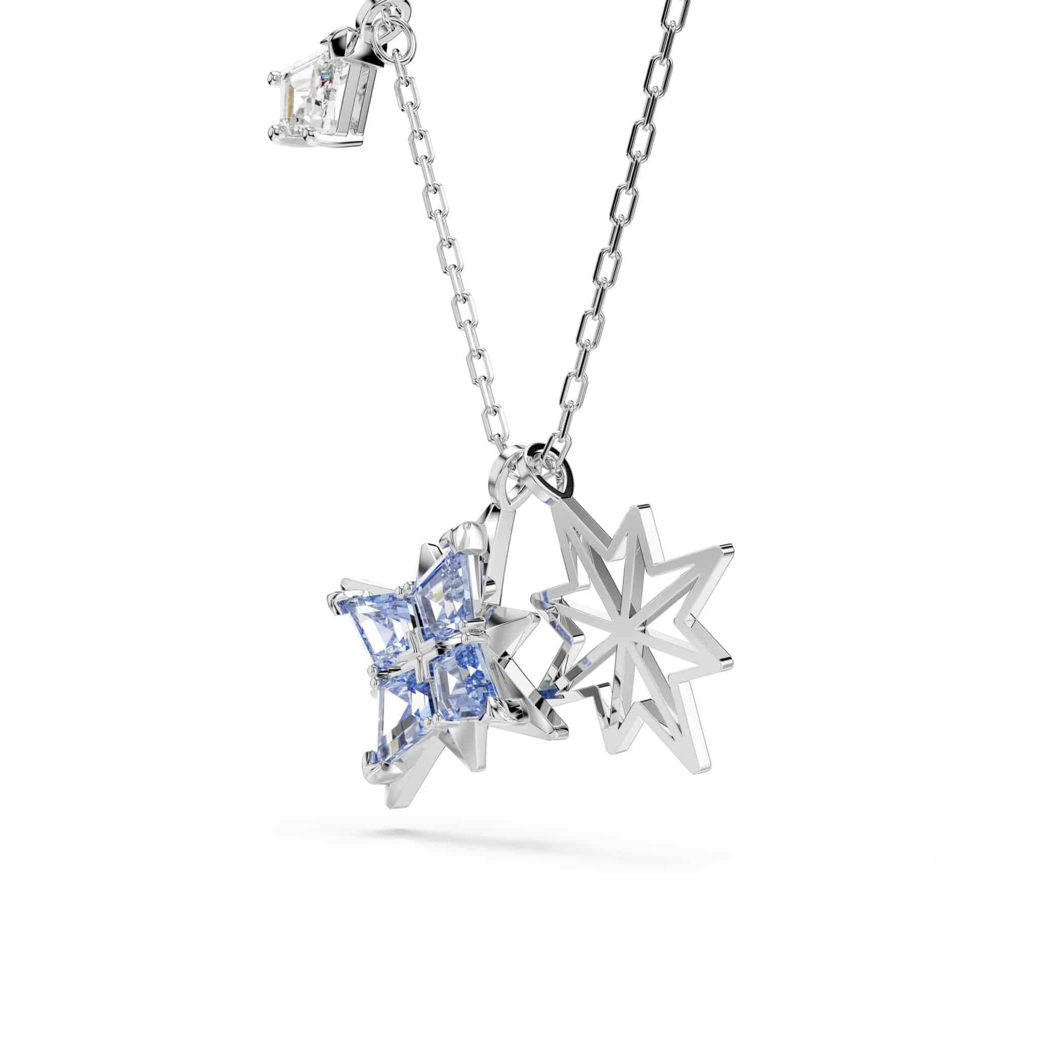 Swarovski Symbolica Blue Pendant with Rhodium Plating, sparkling crystal jewelry on a silver-tone chain.