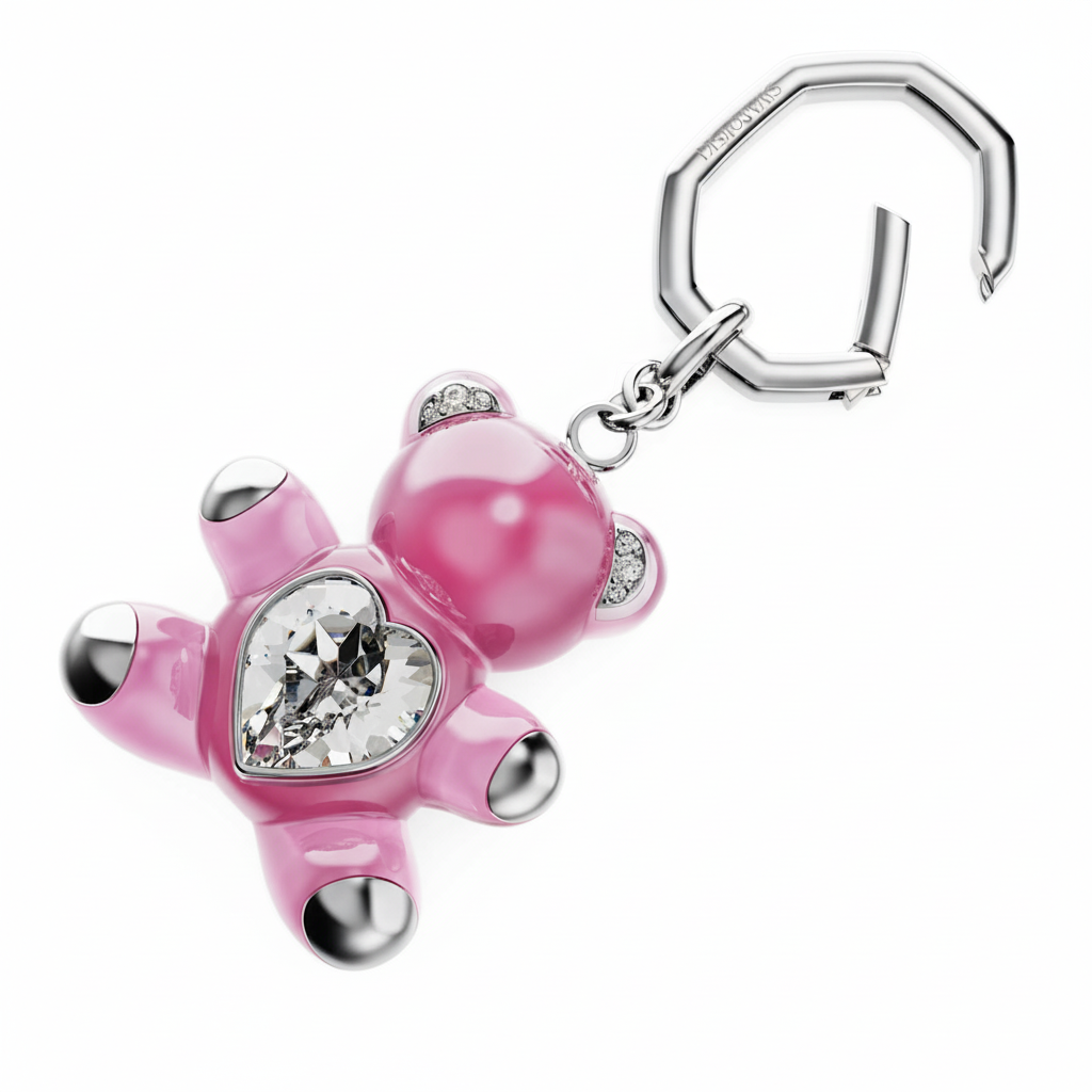 Pink Swarovski Teddy bear key ring with rhodium plating, featuring a cute bear design and detailed craftsmanship.