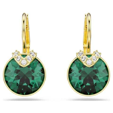Swarovski Bella V drop earrings with round green crystals and gold-tone plated metal, featuring elegant, sparkling jewelry design.