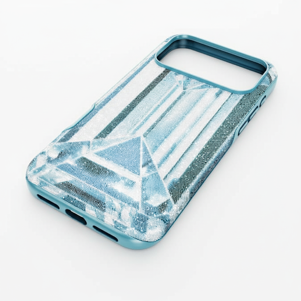 Swarovski Crystal Effect iPhone 17 Pro Max smartphone case in blue with sparkling crystal accents, stylish and protective design.