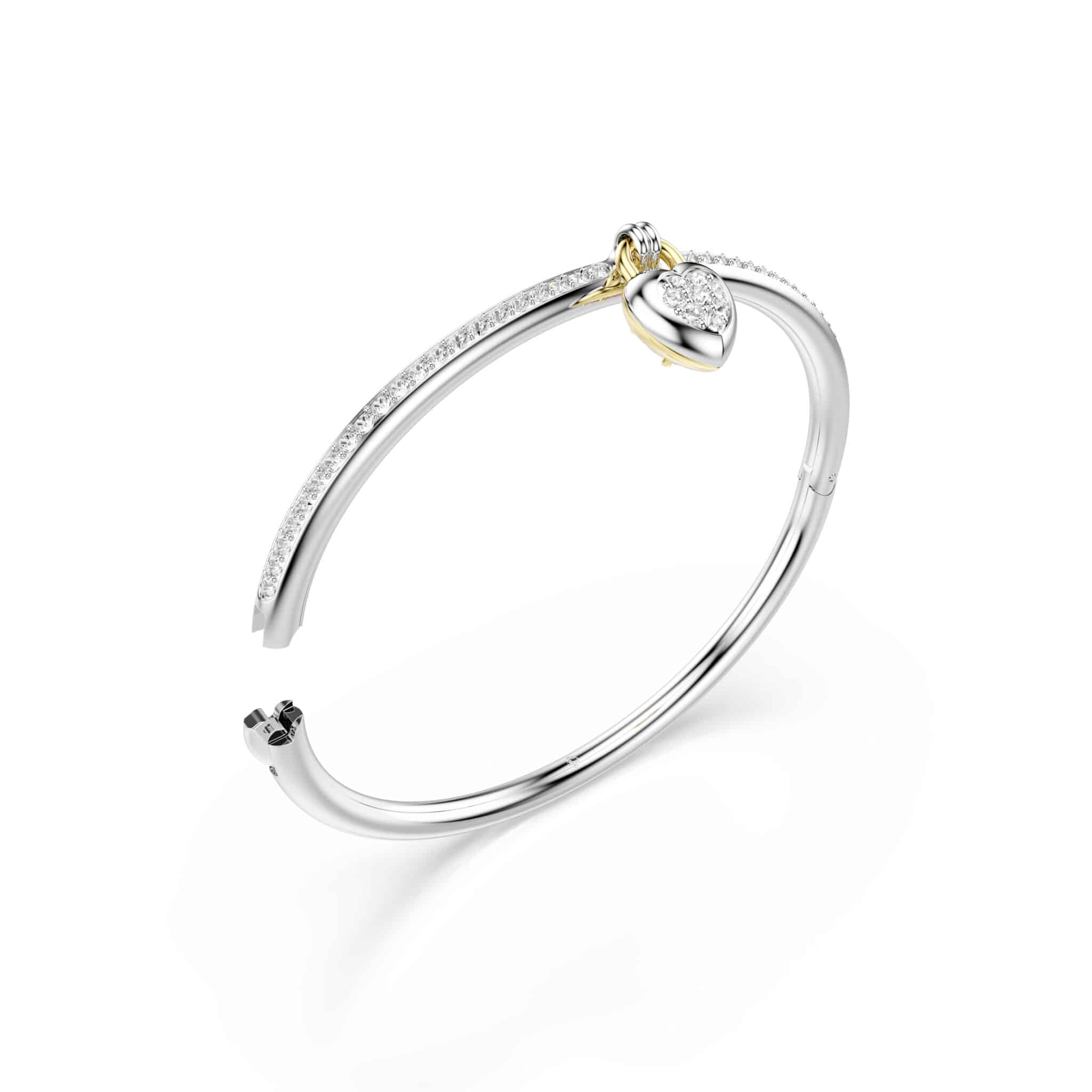 Swarovski Idyllia bangle with pink heart charm, mixed metal finish, featuring mixed cut crystals for a sparkling accessory.