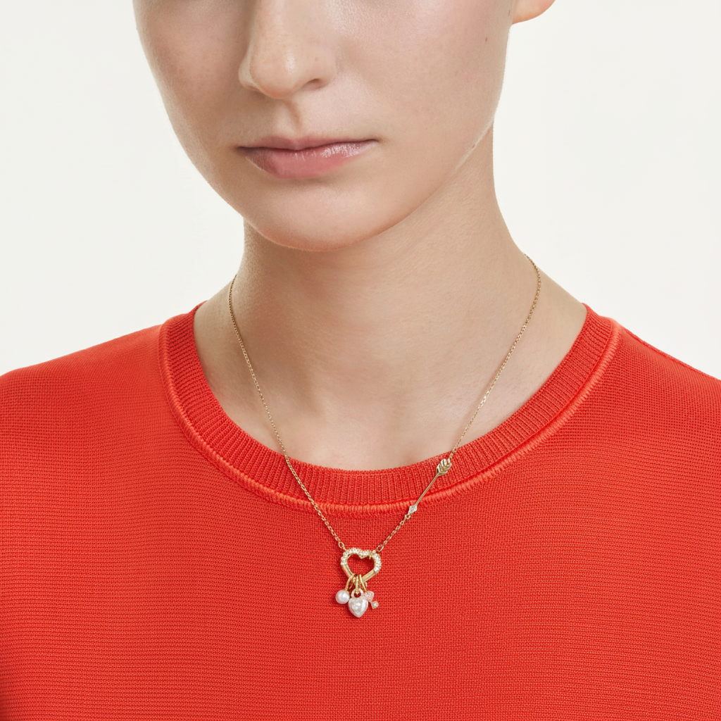 Swarovski Idyllia pendant with pink heart and key charms, mixed cuts, gold-tone plated, elegant jewelry accessory