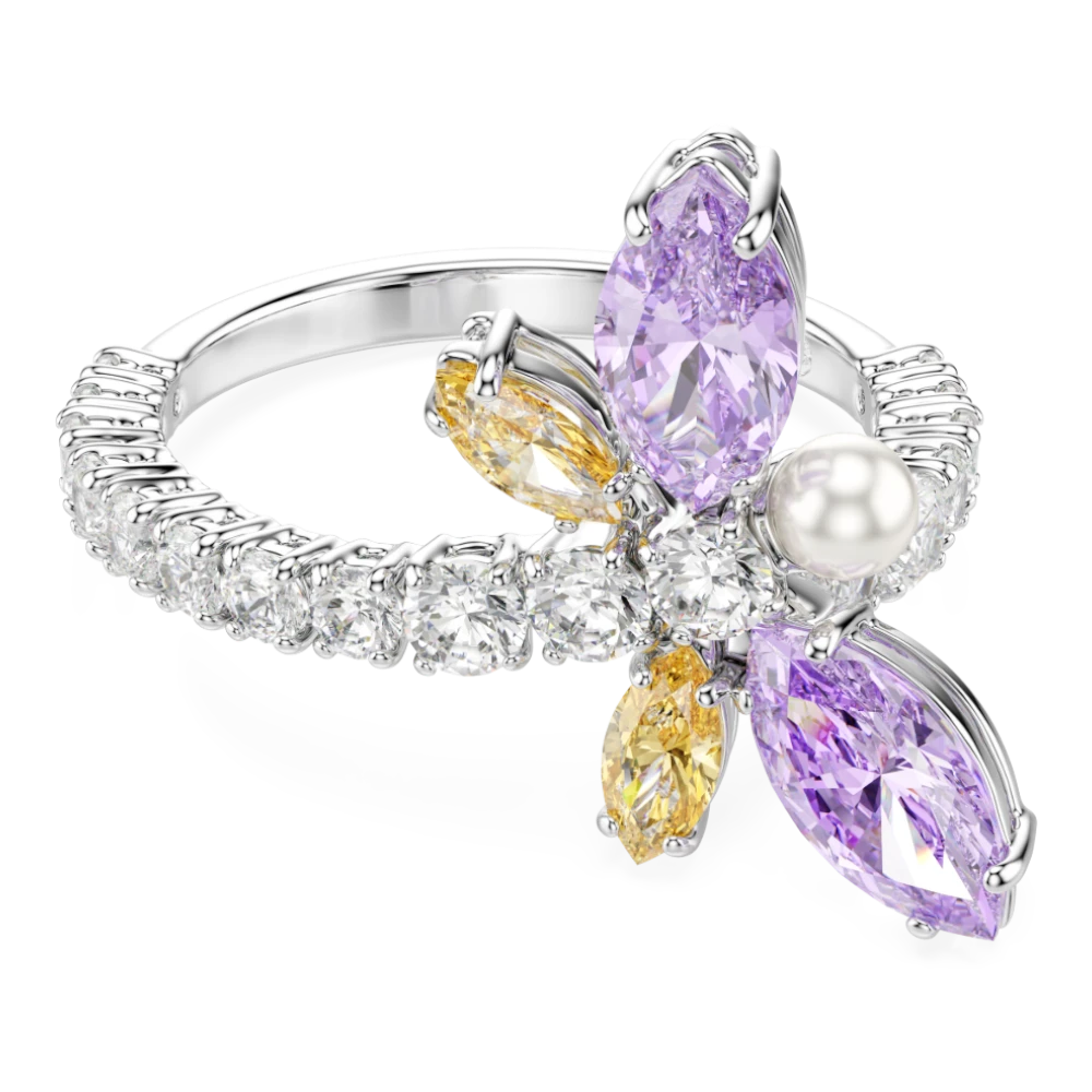 Swarovski Ariana Grande x motif ring with multicolored dragonfly design, rhodium-plated and featuring mixed cut crystals.