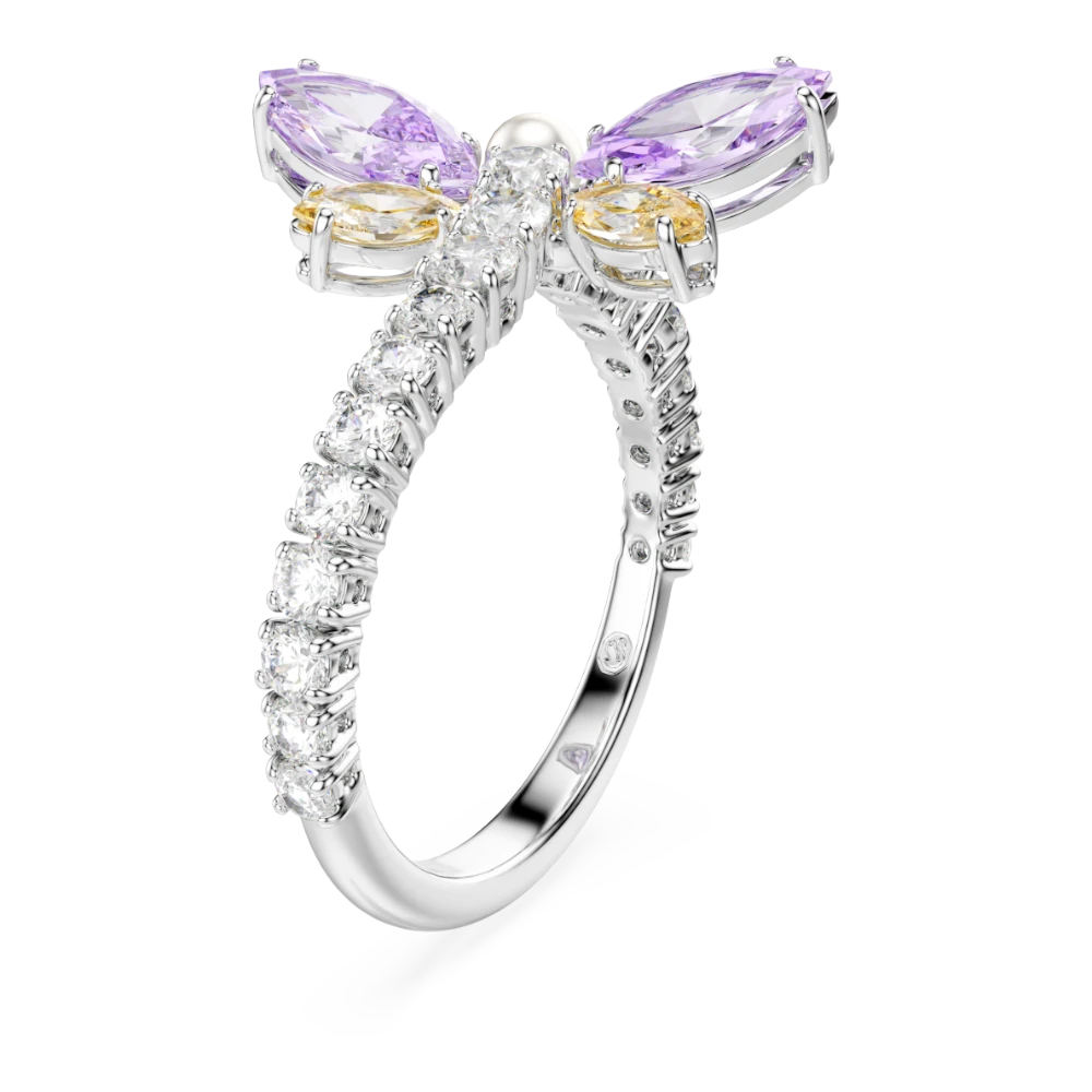 Swarovski Ariana Grande x motif ring with multicolored dragonfly design, mixed cuts, rhodium-plated jewelry piece.