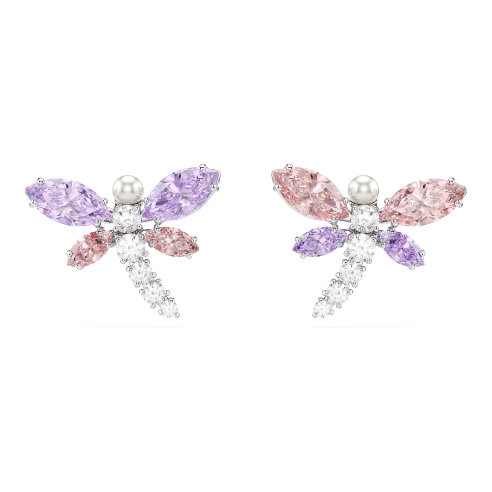 Swarovski Ariana Grande dragonfly stud earrings with multicolored mixed cuts and rhodium plating, showcasing intricate jewelry design.