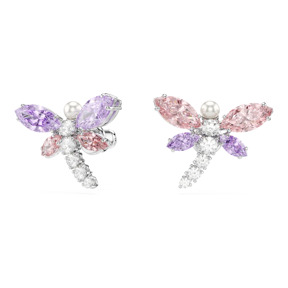 Swarovski Ariana Grande x dragonfly stud earrings with multicolored mixed cuts and rhodium plating, featuring a delicate dragonfly design.