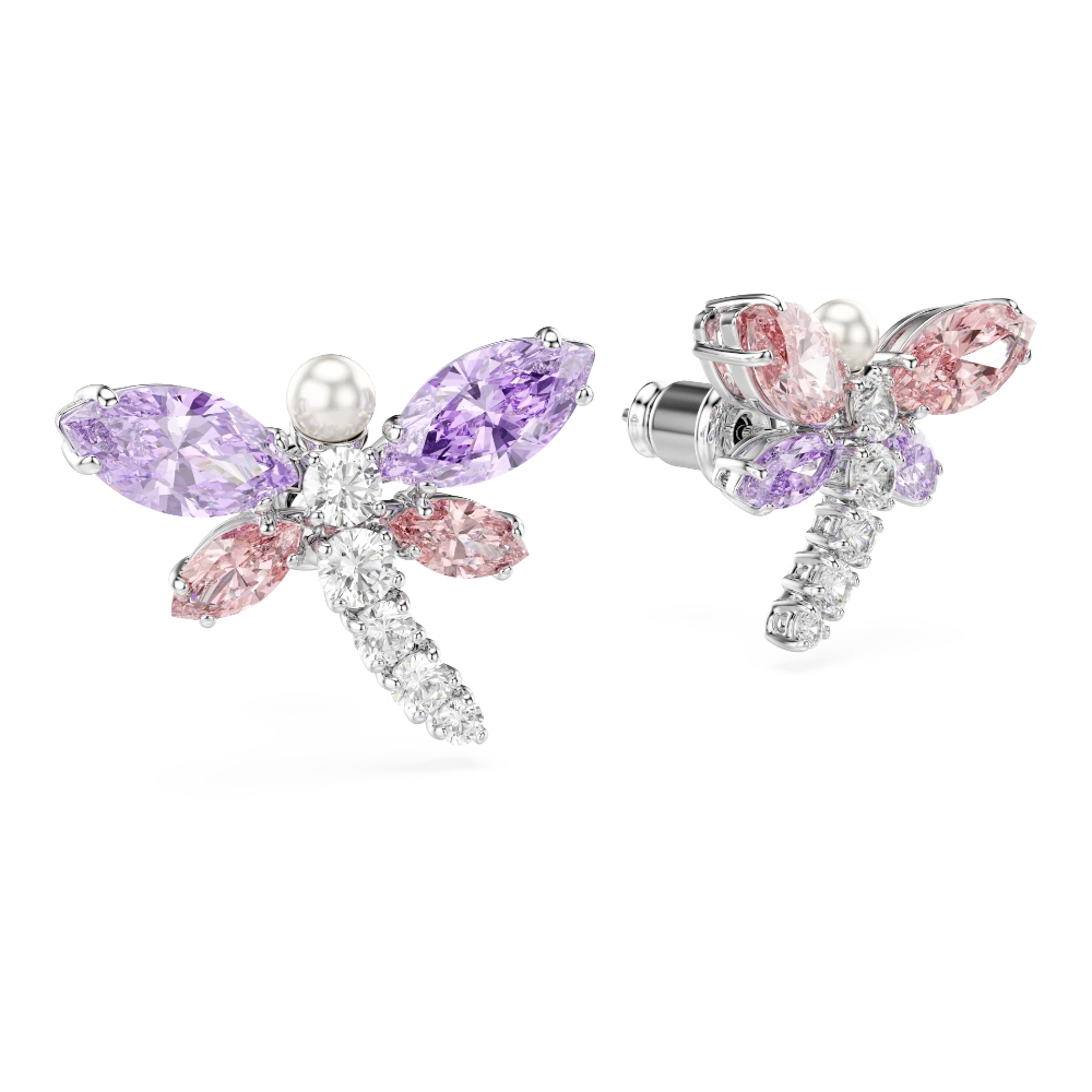 Swarovski Ariana Grande x dragonfly stud earrings with multicolored mixed cuts and rhodium plating, close-up view