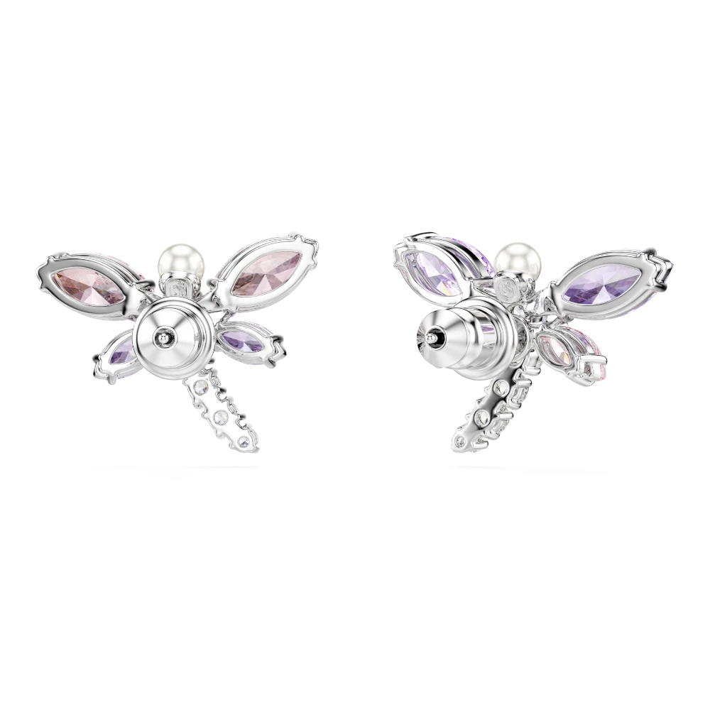 Swarovski Ariana Grande dragonfly stud earrings with multicolored mixed cuts and rhodium plating, featuring a delicate, sparkling design.