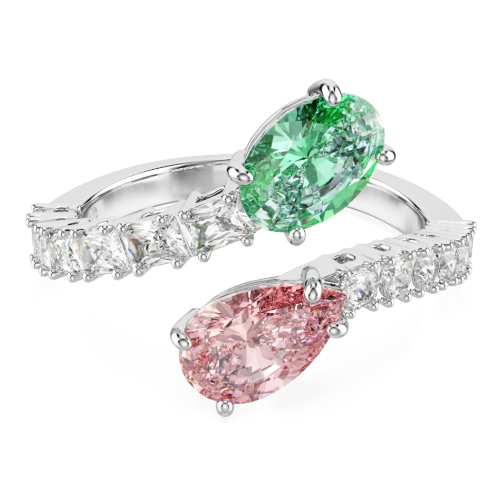 Swarovski Ariana Grande open ring with multicolored mixed cuts and rhodium plating, featuring sparkling crystals.