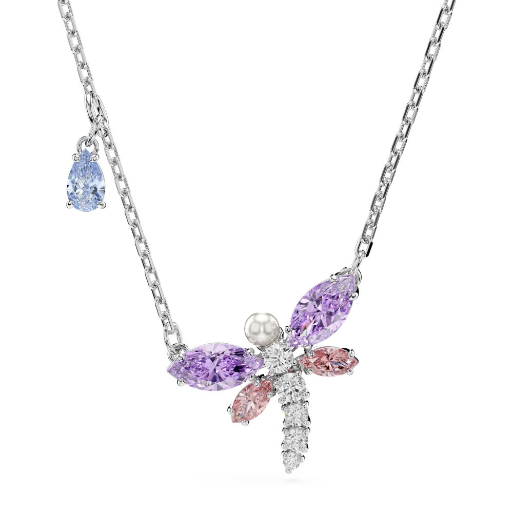 Swarovski Ariana Grande x dragonfly pendant with multicolored mixed cuts, rhodium-plated, showcasing intricate jewelry design
