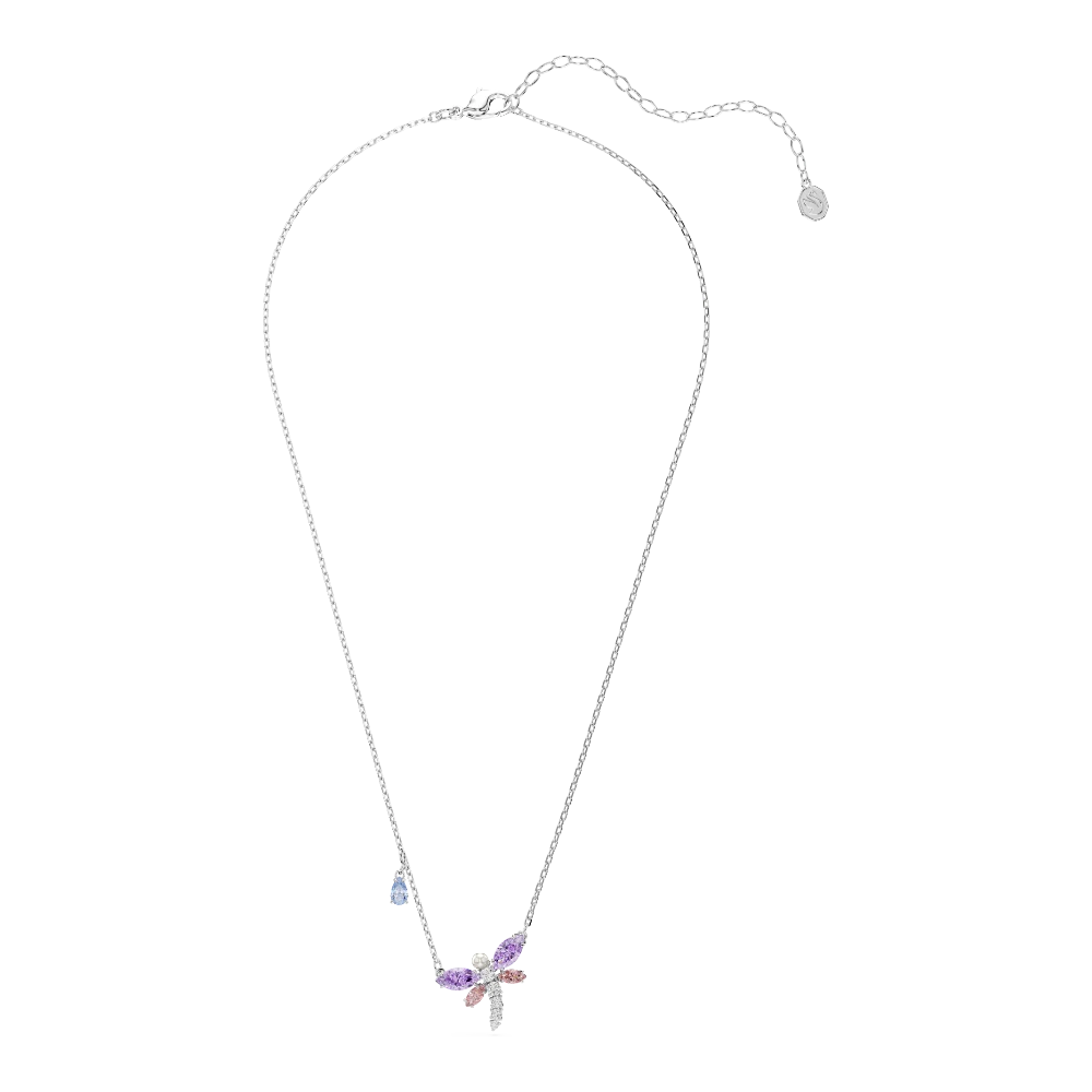 Swarovski Ariana Grande x dragonfly pendant with multicolored mixed cuts, rhodium plated, showcasing intricate jewelry craftsmanship.