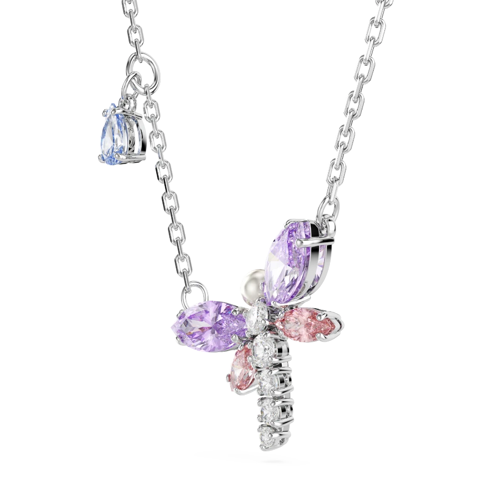 Swarovski Ariana Grande dragonfly pendant necklace with multicolored mixed cuts, rhodium plated jewelry accessory.