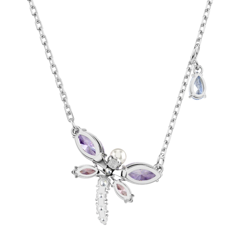 Swarovski Ariana Grande dragonfly pendant with multicolored mixed cuts, rhodium plated jewelry piece featuring intricate design.