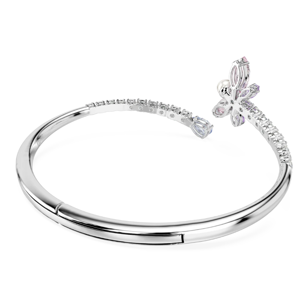 Swarovski Ariana Grande x Swarovski bangle with multicolored mixed cut crystals and dragonfly design, rhodium plated jewelry piece.