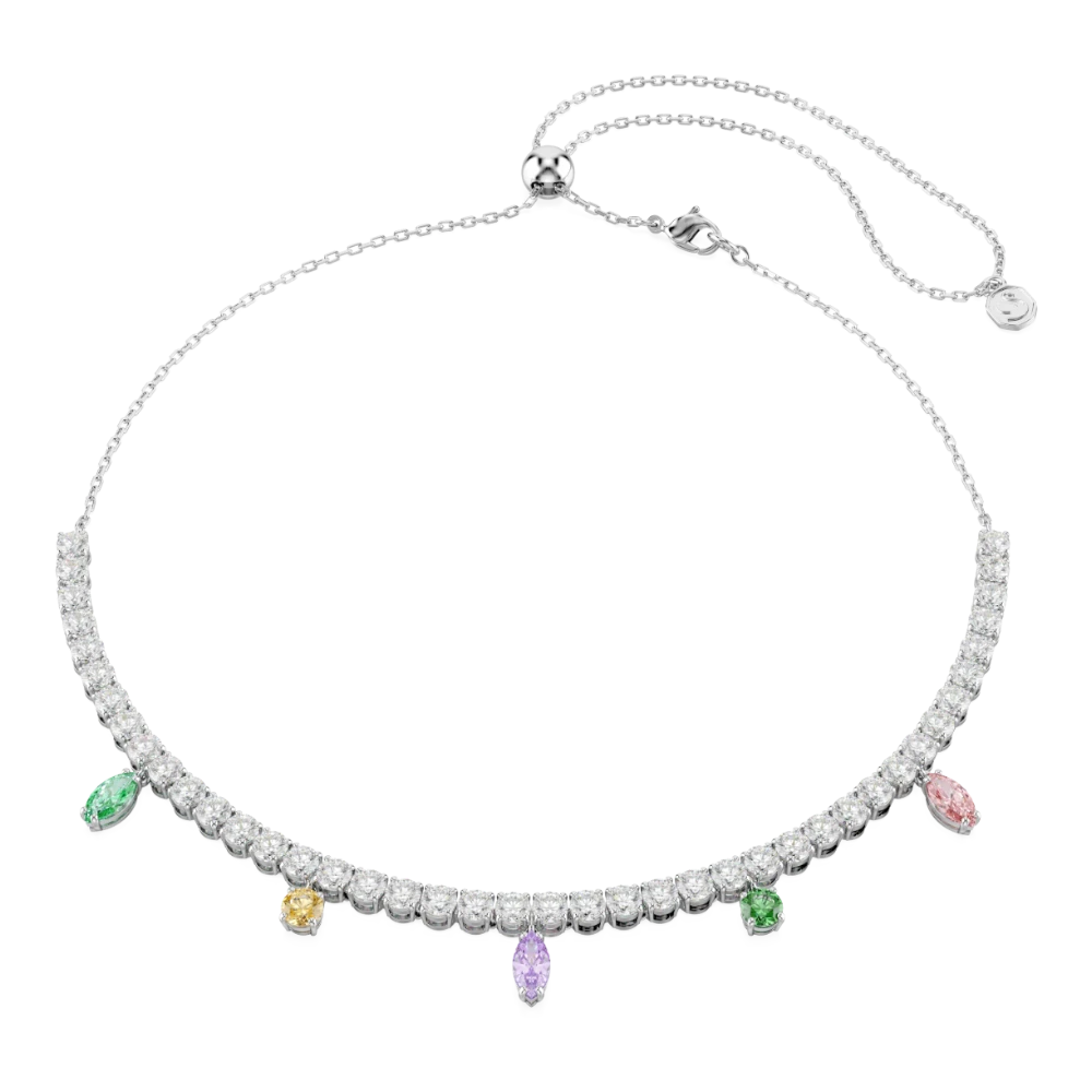 Swarovski Ariana Grande tennis necklace with multicolored mixed cut crystals on rhodium-plated chain.