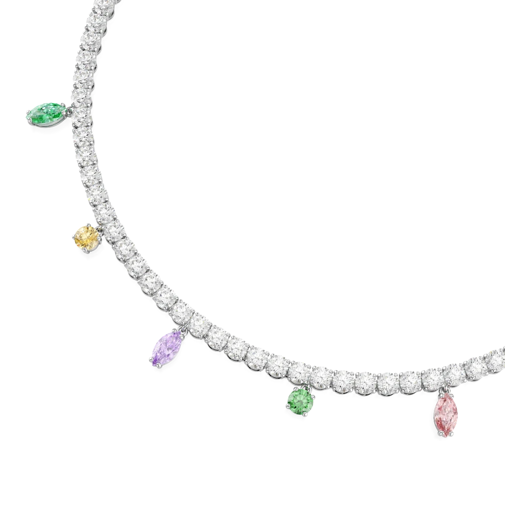 Swarovski Ariana Grande x Tennis Necklace with mixed multicolored cuts and rhodium plating, showcasing sparkling gemstones.