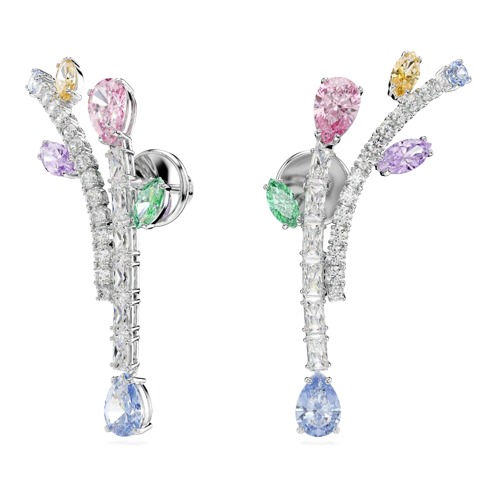 Swarovski Ariana Grande drop earrings with multicolored mixed cuts and rhodium plating, featuring sparkling gemstone details.