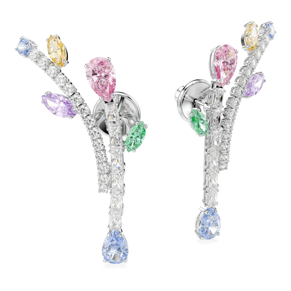 Swarovski Ariana Grande drop earrings with multicolored mixed cuts and rhodium plating, featuring sparkling crystal design.