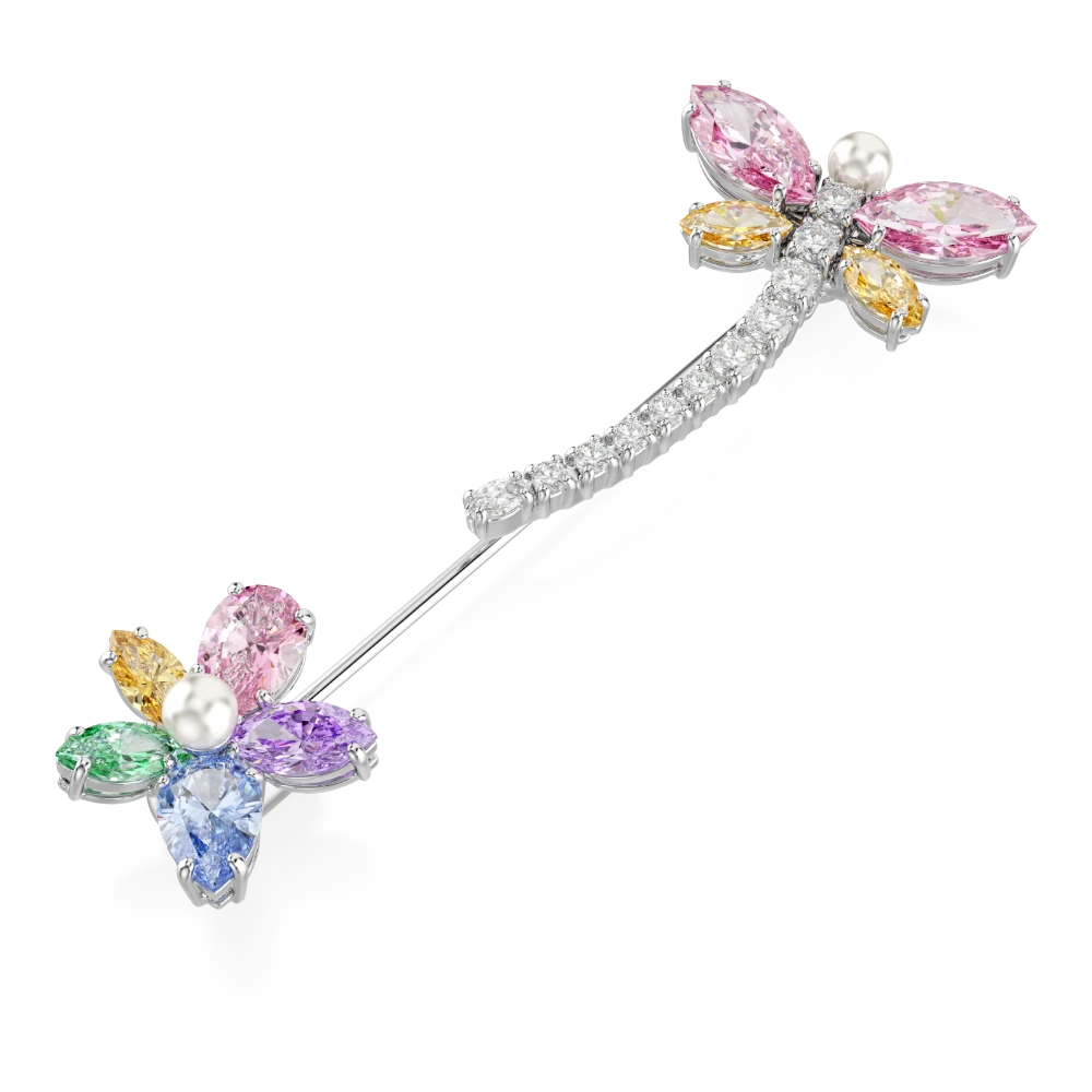 Swarovski Ariana Grande dragonfly brooch with multicolored mixed cuts and rhodium plating, detailed jewelry accessory.