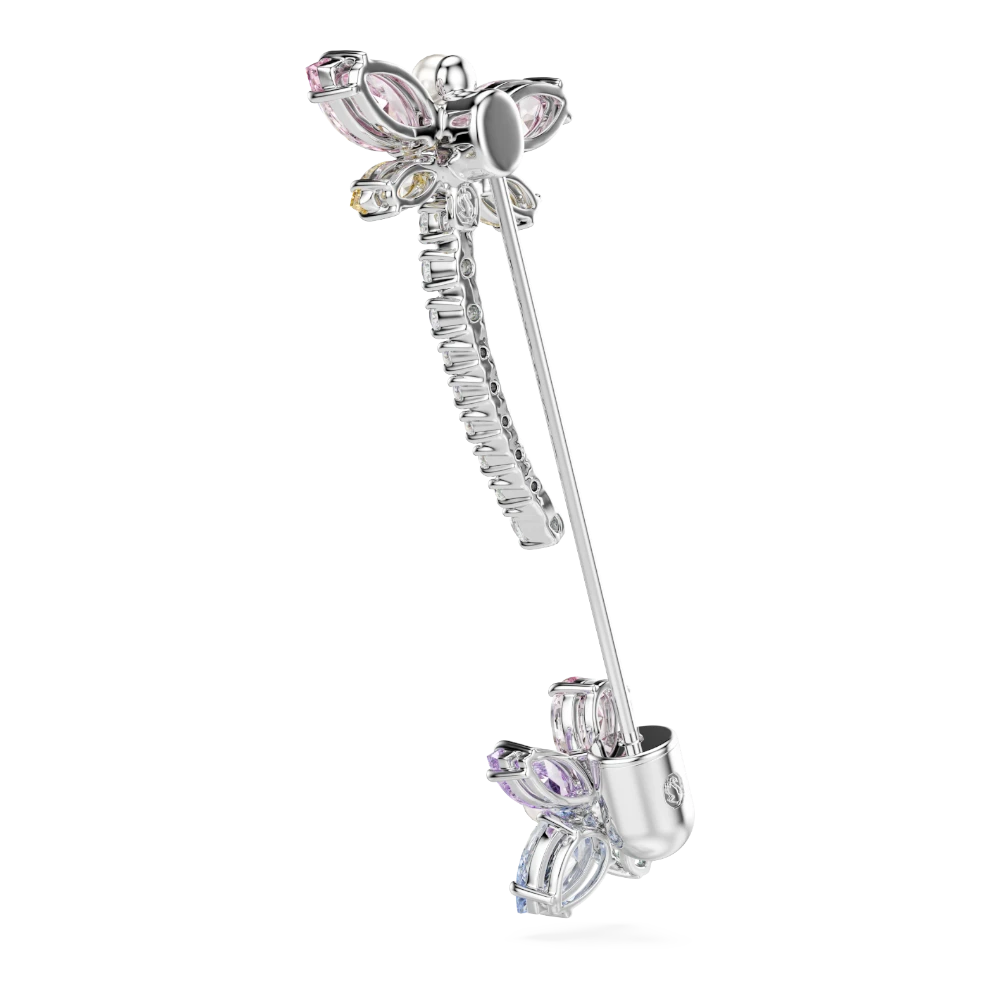 Swarovski Ariana Grande dragonfly brooch with multicolored mixed cuts, rhodium plated jewelry accessory on a plain background.