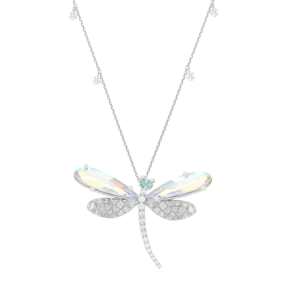 Swarovski Ariana Grande dragonfly pendant and brooch with green mixed cuts crystals, rhodium plated jewelry accessory