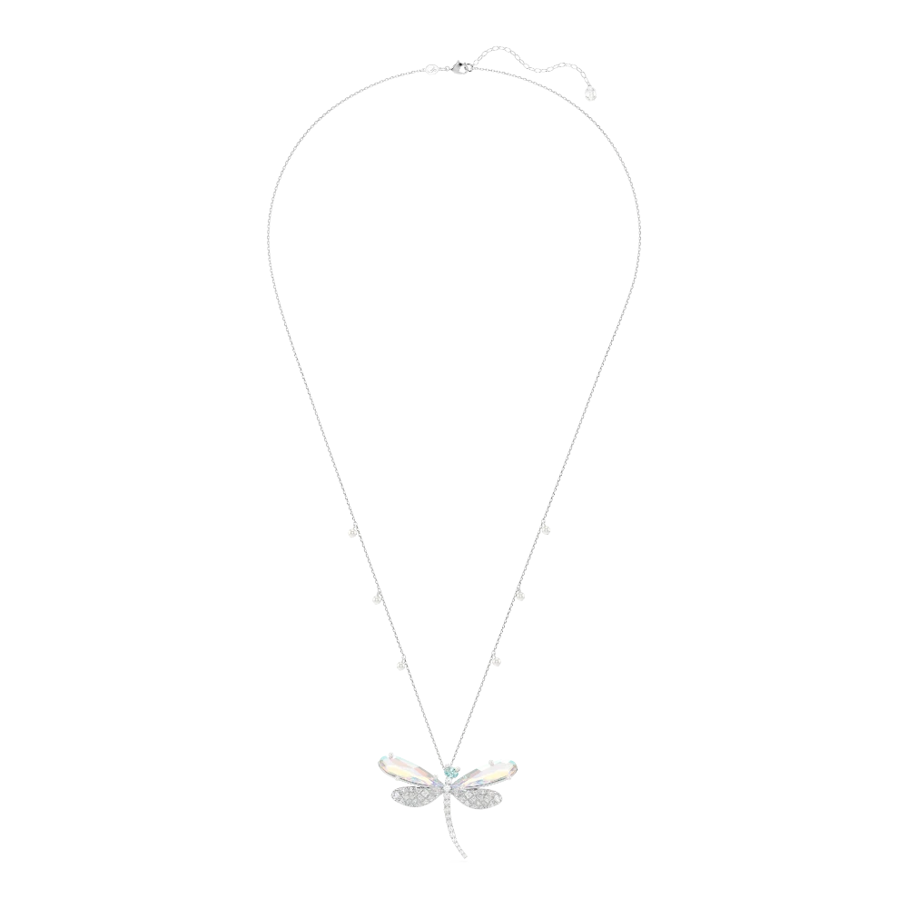 Swarovski Ariana Grande dragonfly pendant and brooch in green with mixed cuts and rhodium plating, featuring sparkling crystal details.