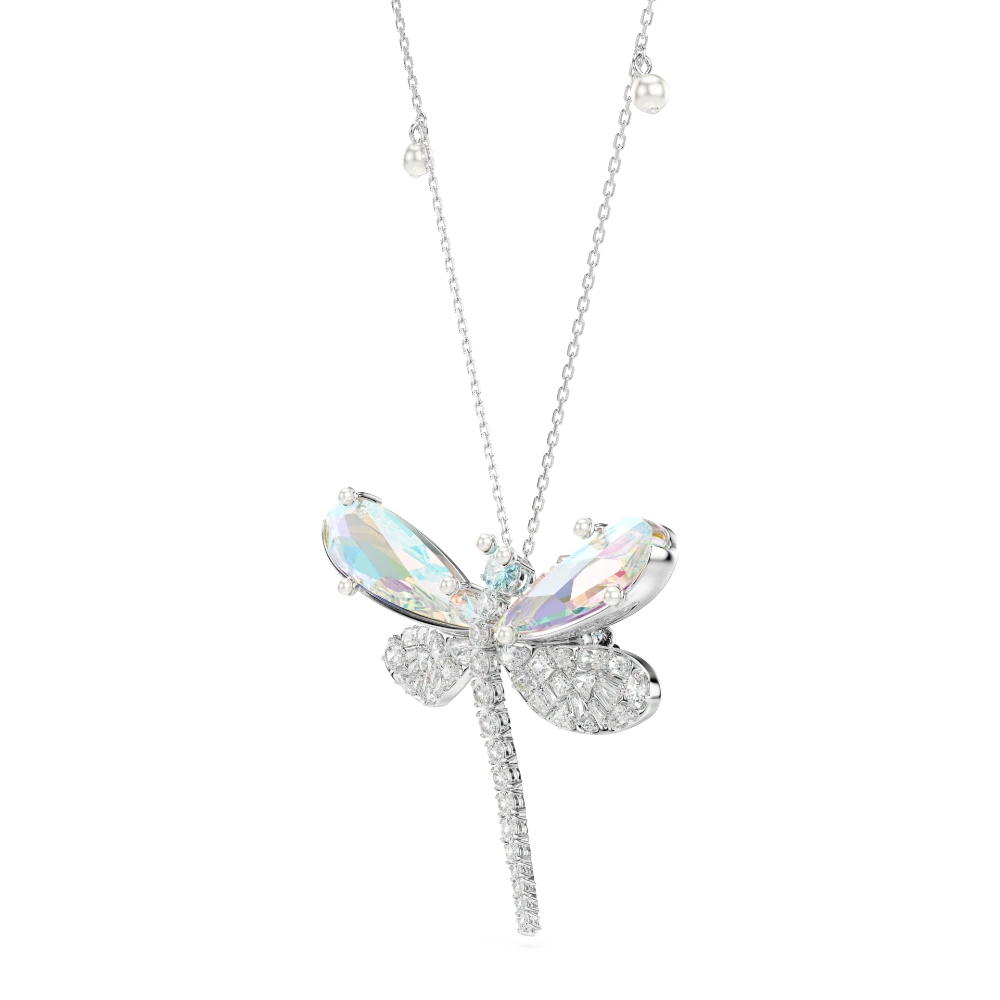 Swarovski Ariana Grande dragonfly pendant and brooch with green crystals, mixed cuts, rhodium plated jewelry accessory