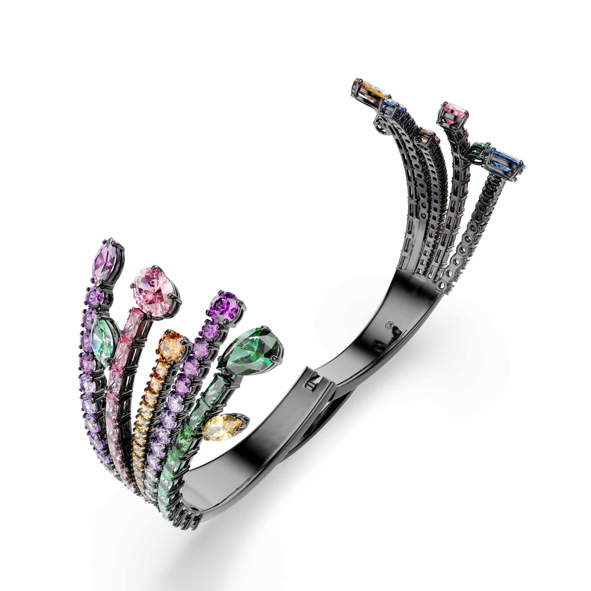 Swarovski Matrix bangle with multicolored bouquet design, mixed gemstone cuts, ruthenium plated for a stylish accessory.