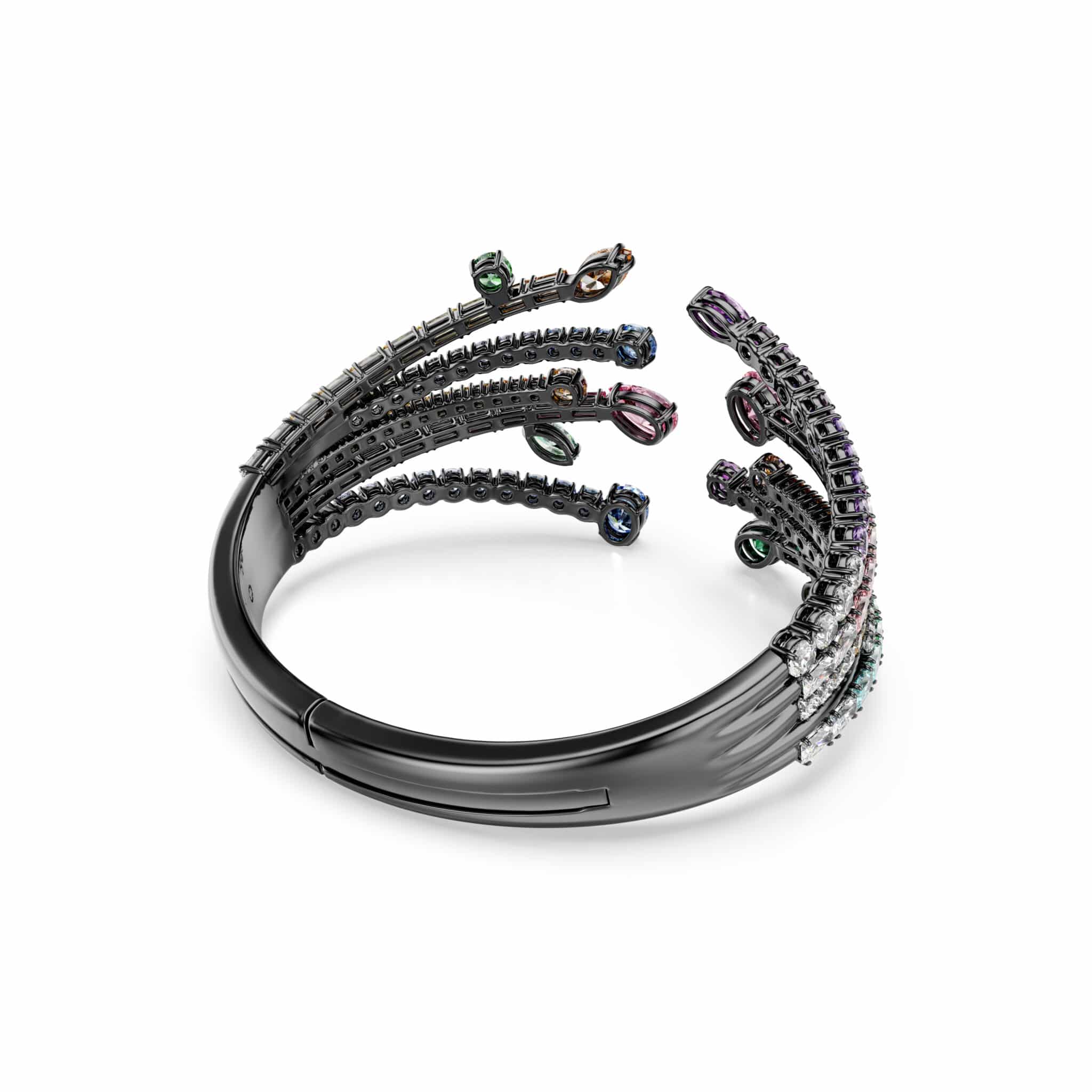 Swarovski Matrix Bangle with mixed cuts and multicolored crystals in bouquet design, ruthenium plated, stylish jewelry accessory.