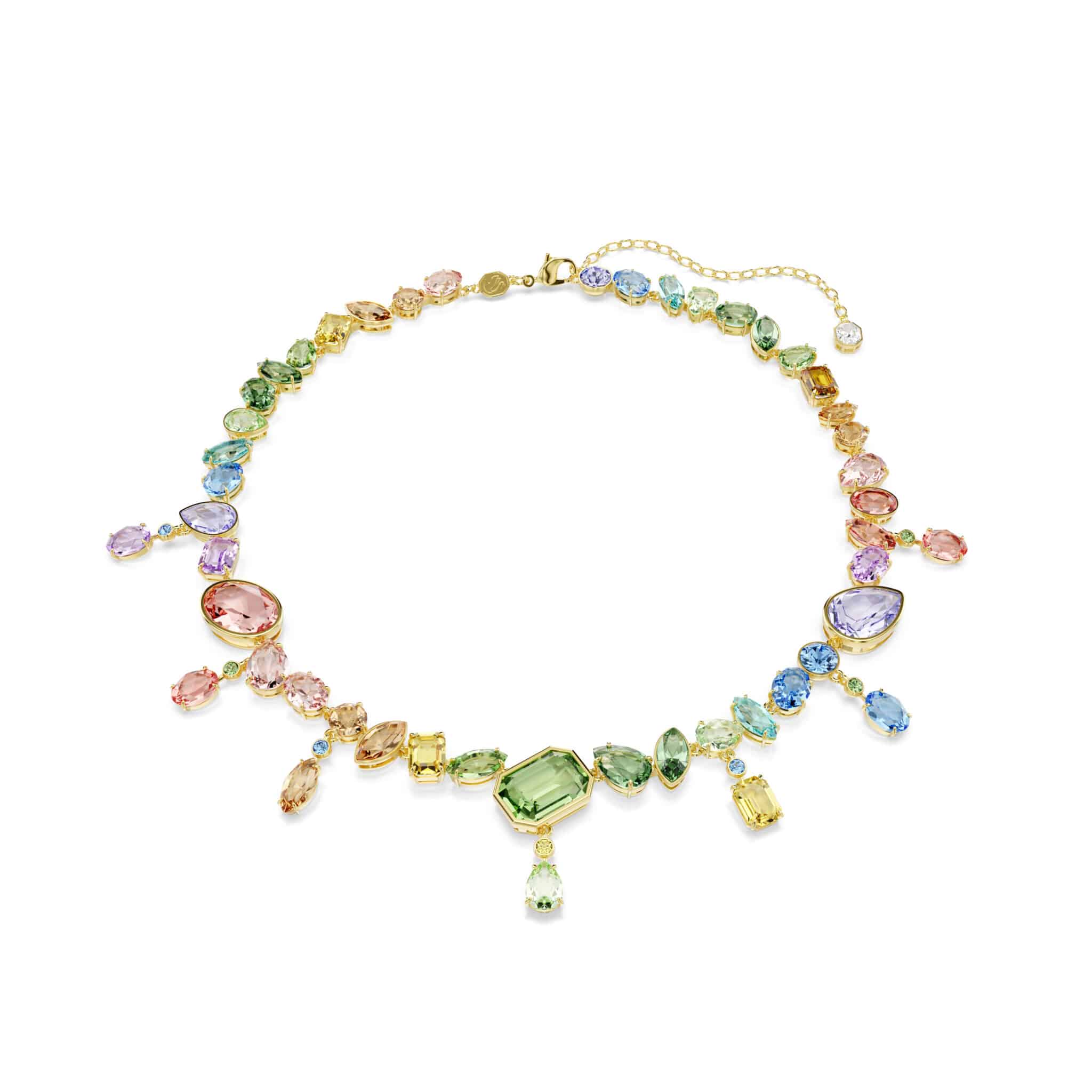 Swarovski Gema necklace with dangling multicolored crystals in mixed cuts, gold-tone plated jewelry design.