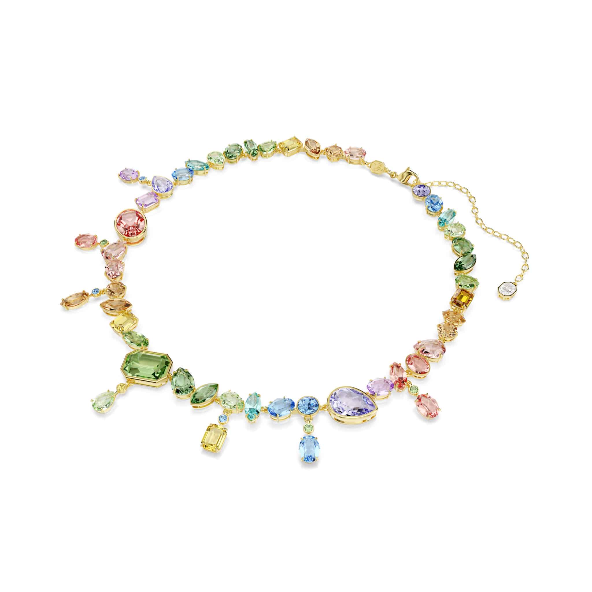 Swarovski Gema necklace with multicolored dangling crystals and gold-tone plating, featuring mixed cut sparkling Swarovski crystals.