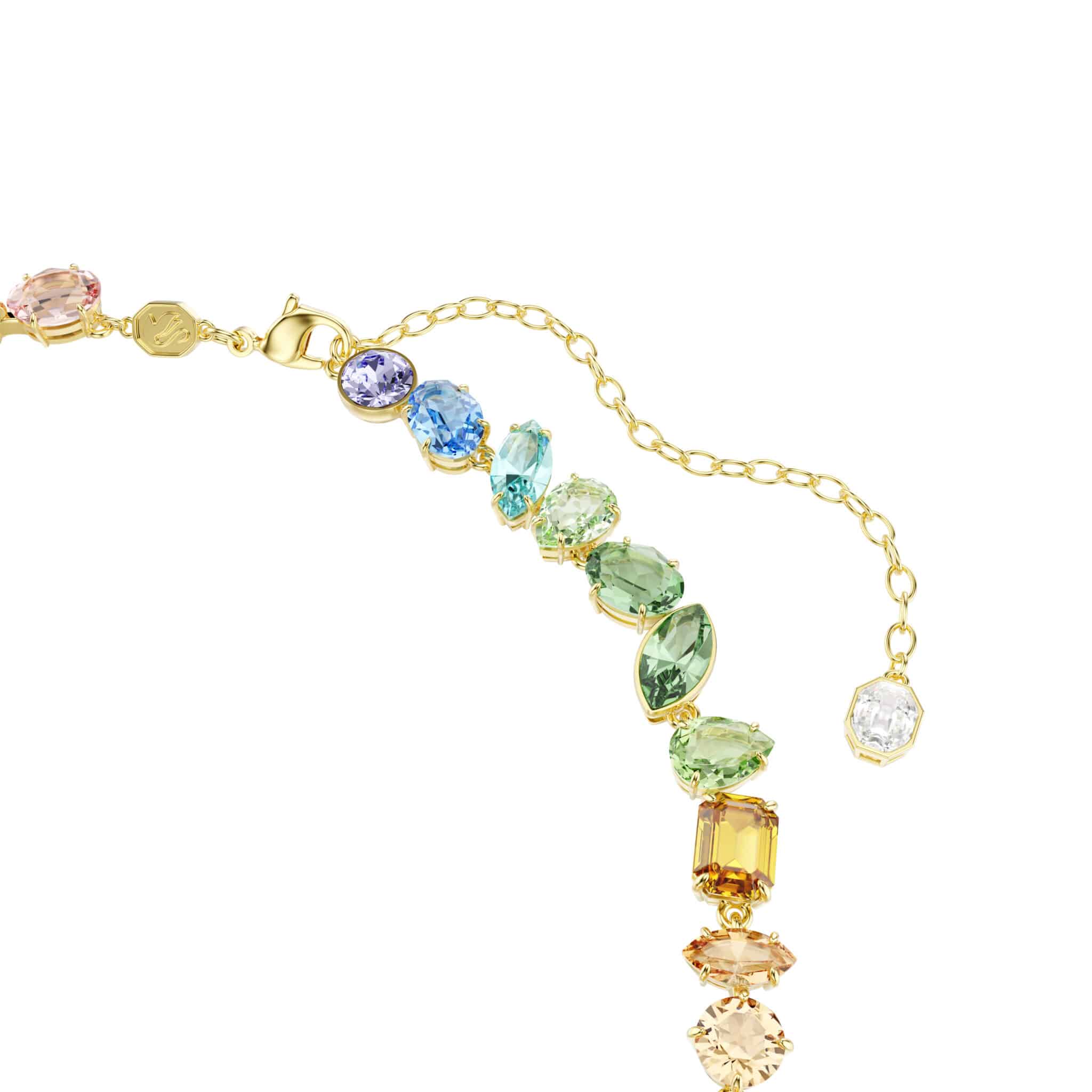 Swarovski Gema necklace with dangling multicolored crystals and gold-tone plating, featuring mixed cut crystals for a sparkling look.