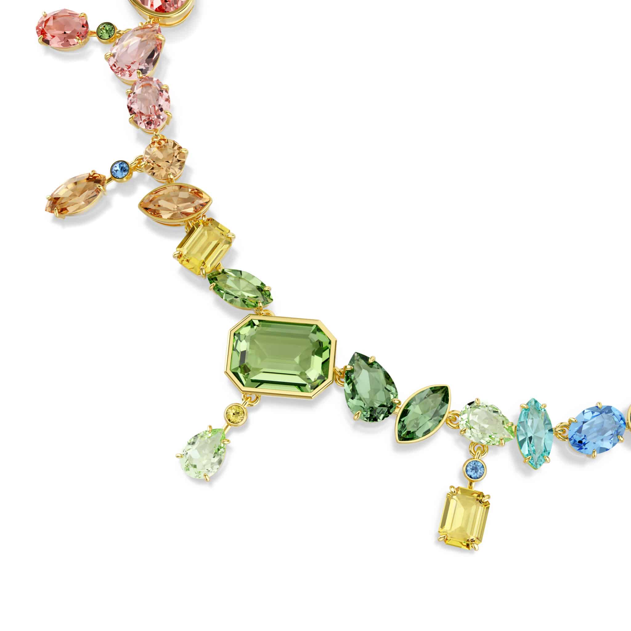 Swarovski Gema necklace with dangling multicolored crystals, mixed cuts, gold-tone plated jewelry.