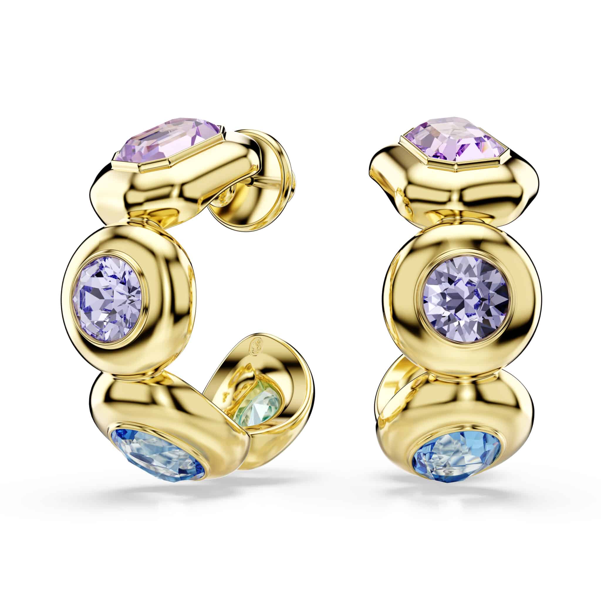 Swarovski Gema hoop earrings with multicolored mixed cuts and gold-tone plating, showcasing sparkling jewelry design.