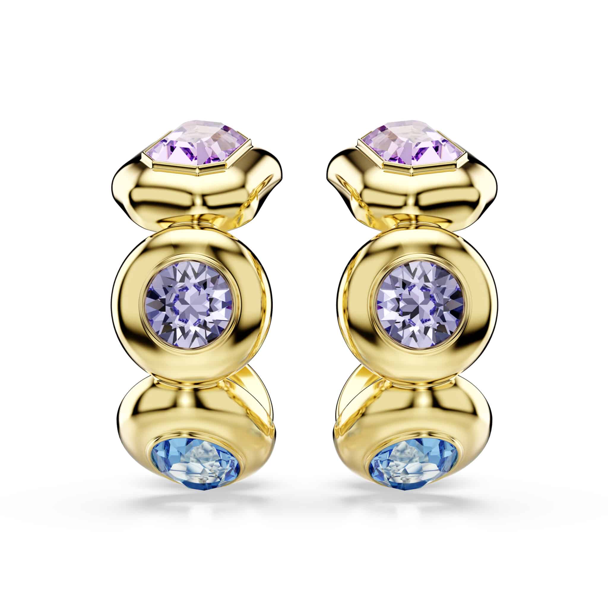 Swarovski Gema hoop earrings with multicolored mixed cuts in gold-tone plated finish, showcasing sparkling gemstone details.