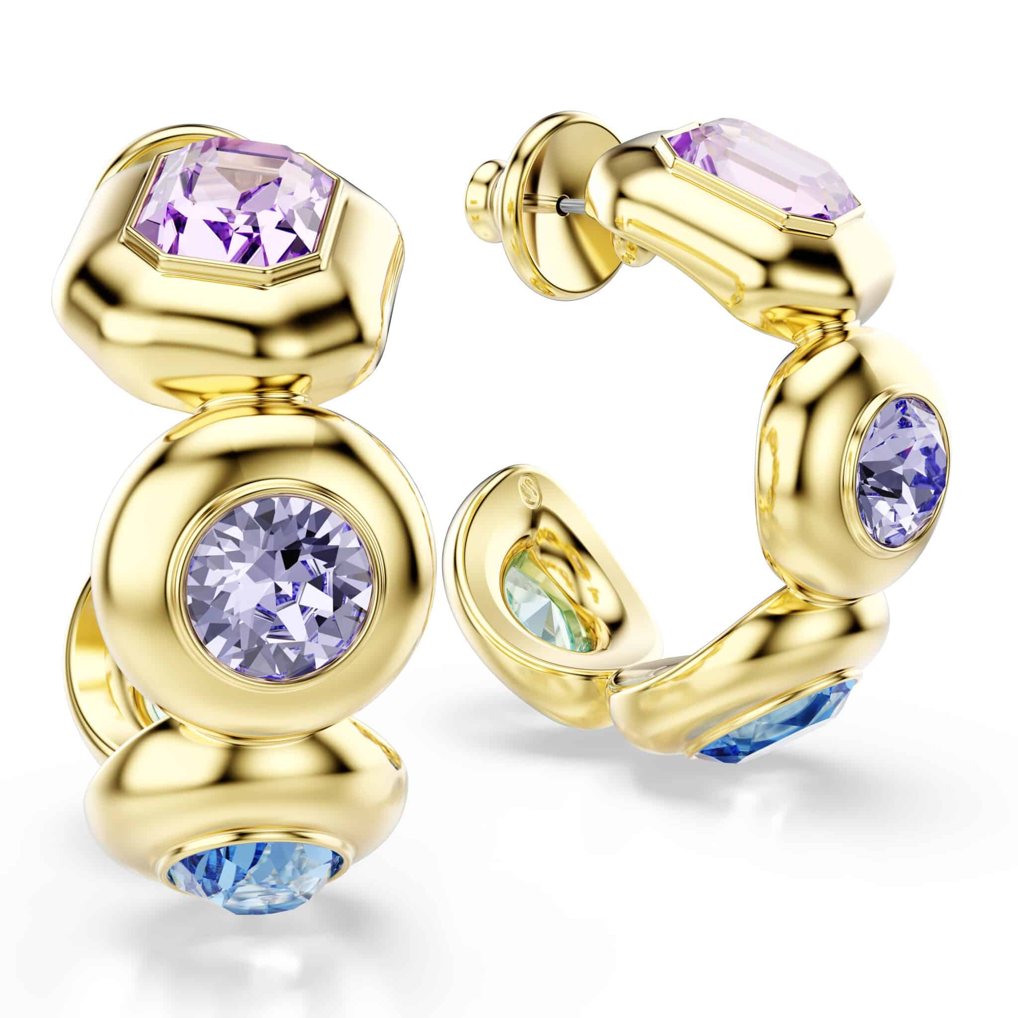 Swarovski Gema hoop earrings in gold-tone plating with multicolored mixed-cut crystals, showcasing elegant hoop design.