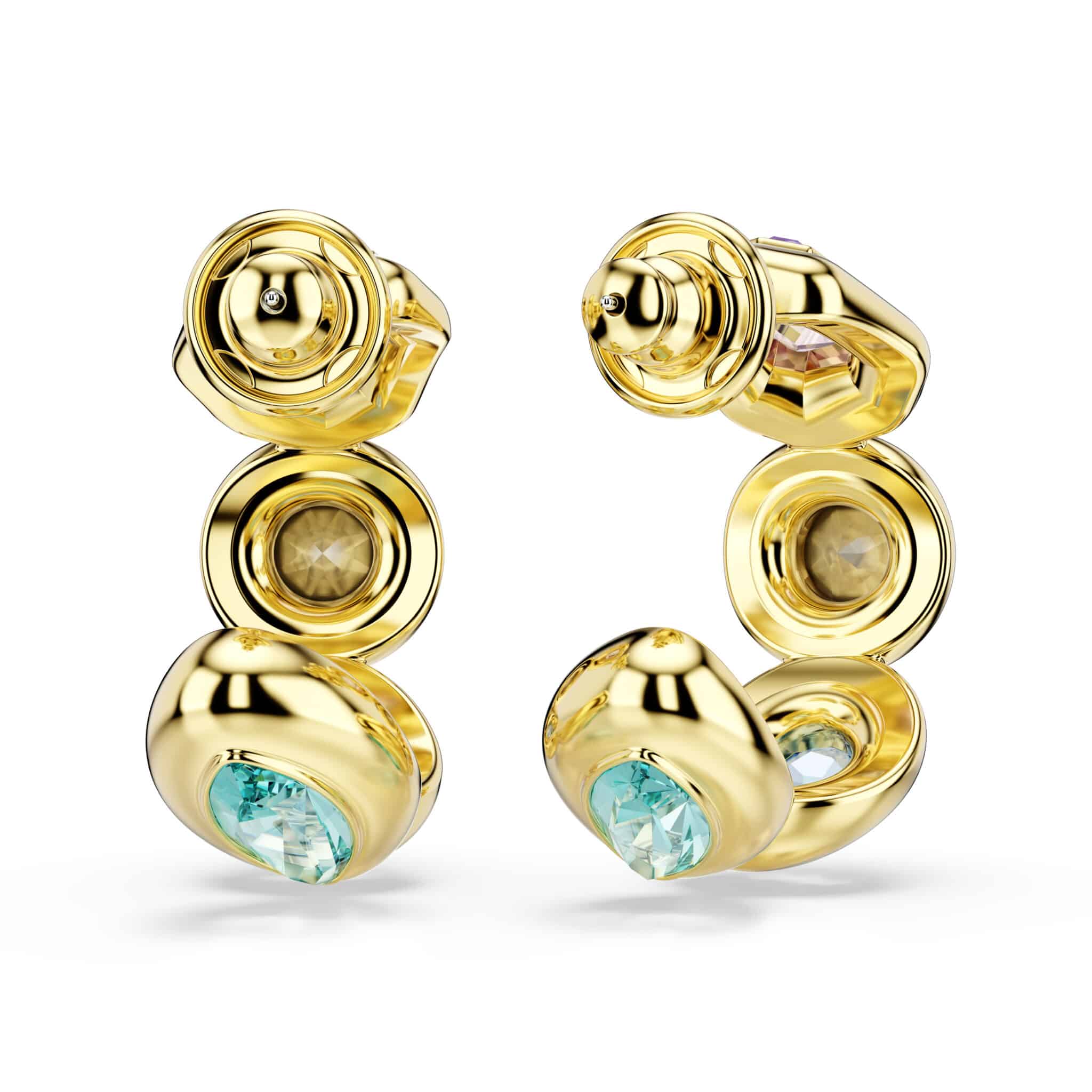 Swarovski Gema hoop earrings with mixed cuts, multicolored gemstones, gold-tone plated, showcasing elegant jewelry design.