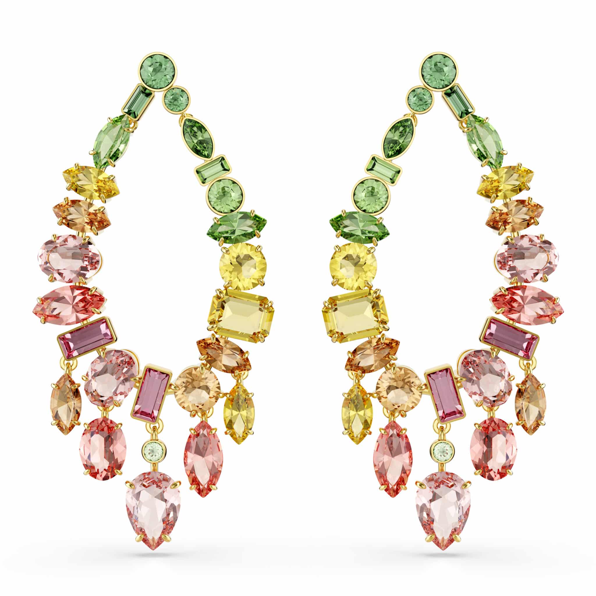 Swarovski Gema Drop Earrings with mixed cuts, chandelier style, multicolored crystals, gold-tone plated jewelry.