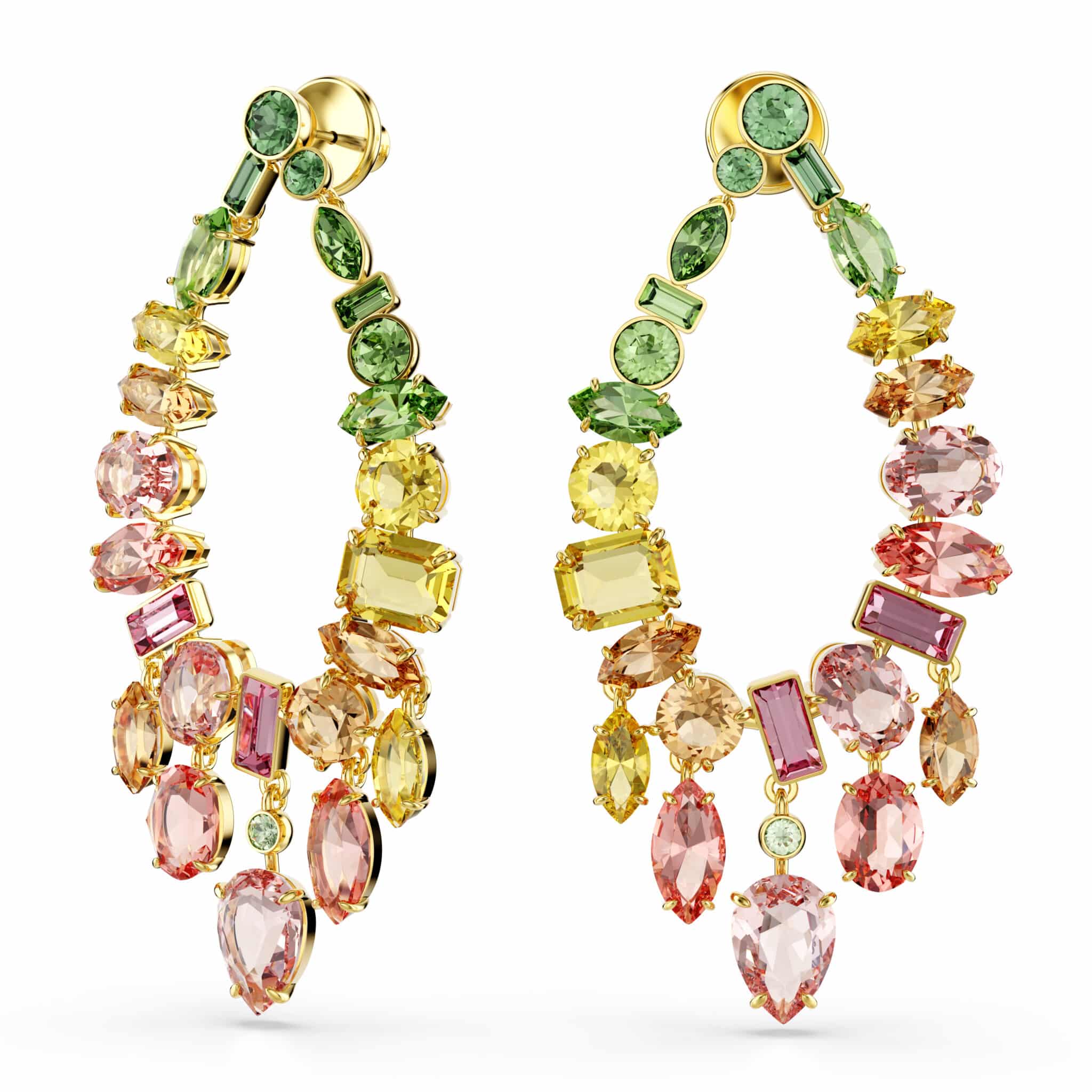 Swarovski Gema Drop Earrings with multicolored crystal chandelier design, mixed cuts, gold-tone plated jewelry.