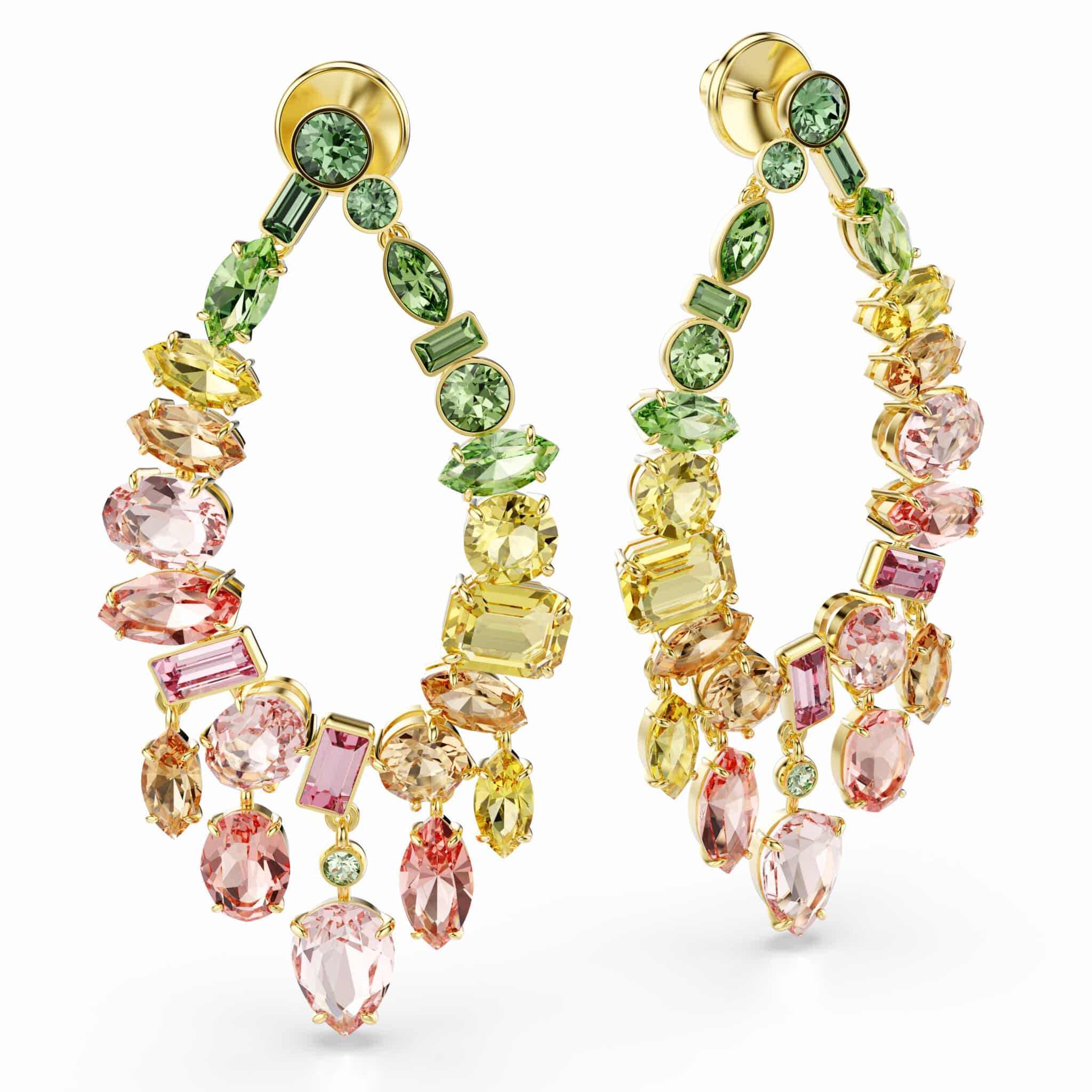Swarovski Gema Drop Earrings with multicolored crystals, chandelier style, mixed cuts, gold-tone plated, elegant jewelry accessory